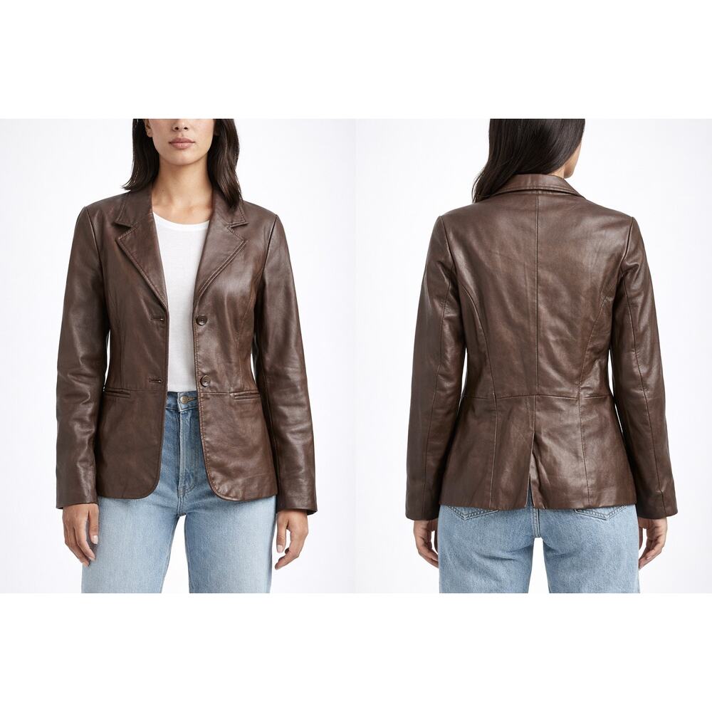 Old Navy Women’s Brown Genuine Leather Blazer Jacket Small 90s Y2K Vintage